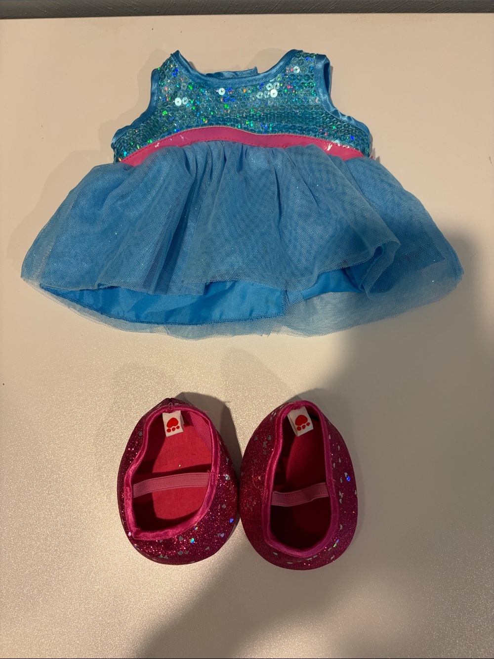 Build-A-Bear Blue Sequin Tutu Dress with Pink Glitter Shoes